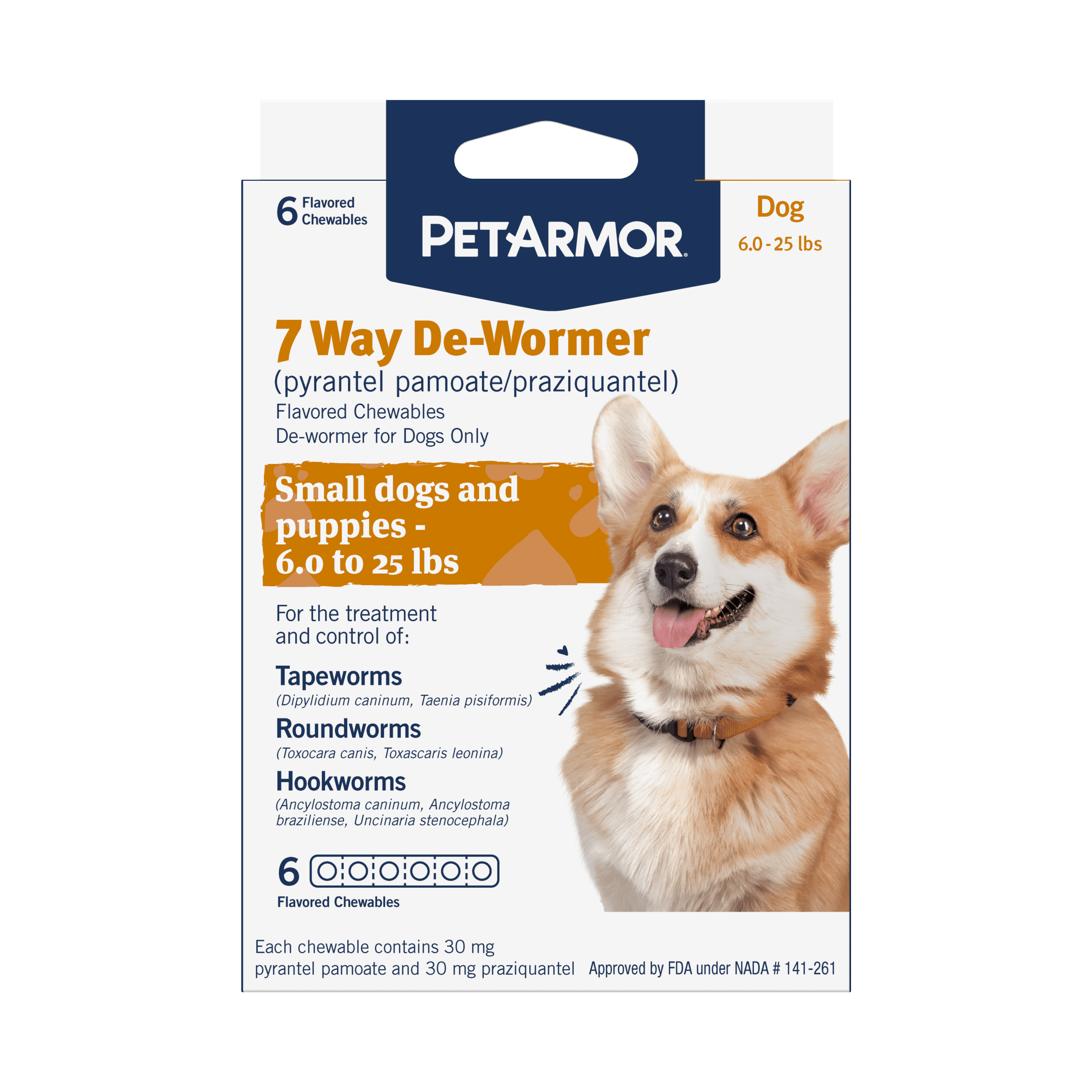 (4 pack) PETARMOR 7 Way De-Wormer for Puppies and Small Dogs, 6-25 lbs, 6 Chewable Tablets