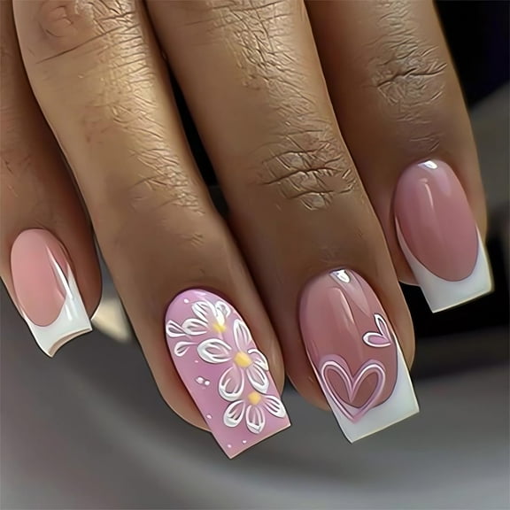 3D Flower Press on Nails Square Medium Fake Nails White French Tip False Nails with White Floral Designs Cute Acrylic Nails Press ons Summer Glue on Nails Reusable Stick on Nails for Women 24Pcs 10