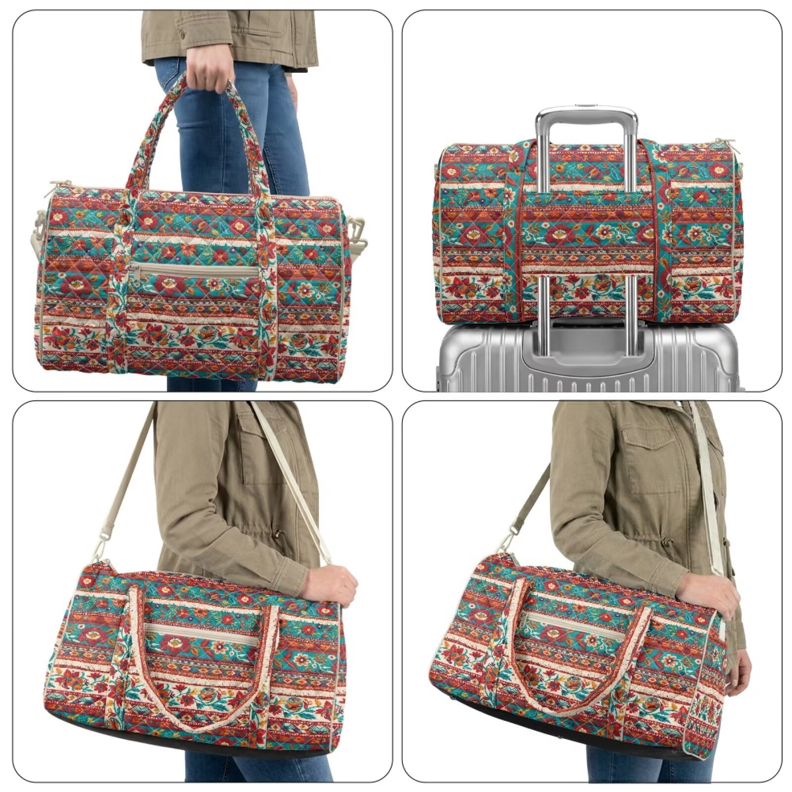 Pzuqiu Boho Floral Quilted Weekender Bag for Women Large Capacity Lightweight Travel Duffle Tote Carry On Overnight Gym Bag with Zipper and Luggage Sleeve Travel Tote Bags