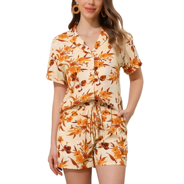 Conjuntos de Mujeres de Hawái de 2 Piezas, Camisa Floral de Botones y Pantalones Cortos, Ropa Casual de Vacaciones Tropicales en la Playa 2026 XS Beige Naranja