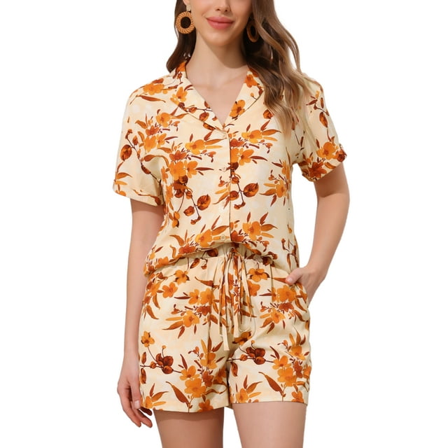 Conjuntos Hawaianos para Mujeres de 2 Piezas, Camisa Floral de Botones y Pantalones Cortos, Atuendos Casual de Vacaciones Tropicales en la Playa 2026 M Beige Naranja