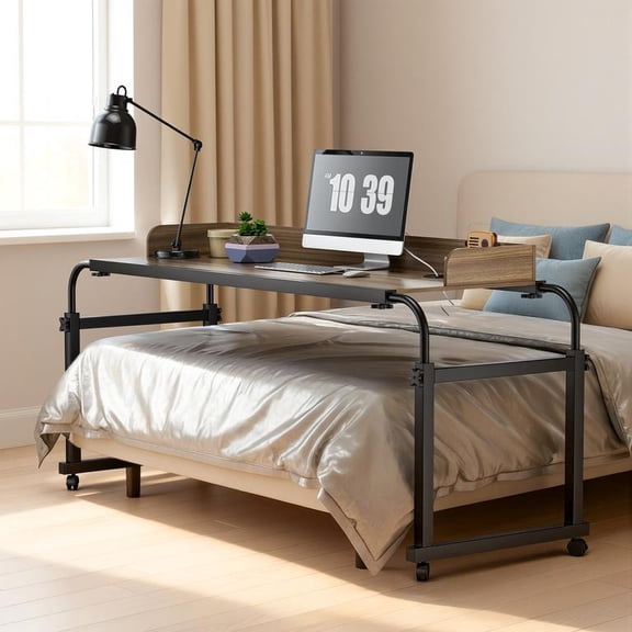 Dapmiu Adjustable Overbed Table with Wheels 23.36"-34.84"H 54.13"-85.83"L for Twin Full Queen Bed, Light Brown