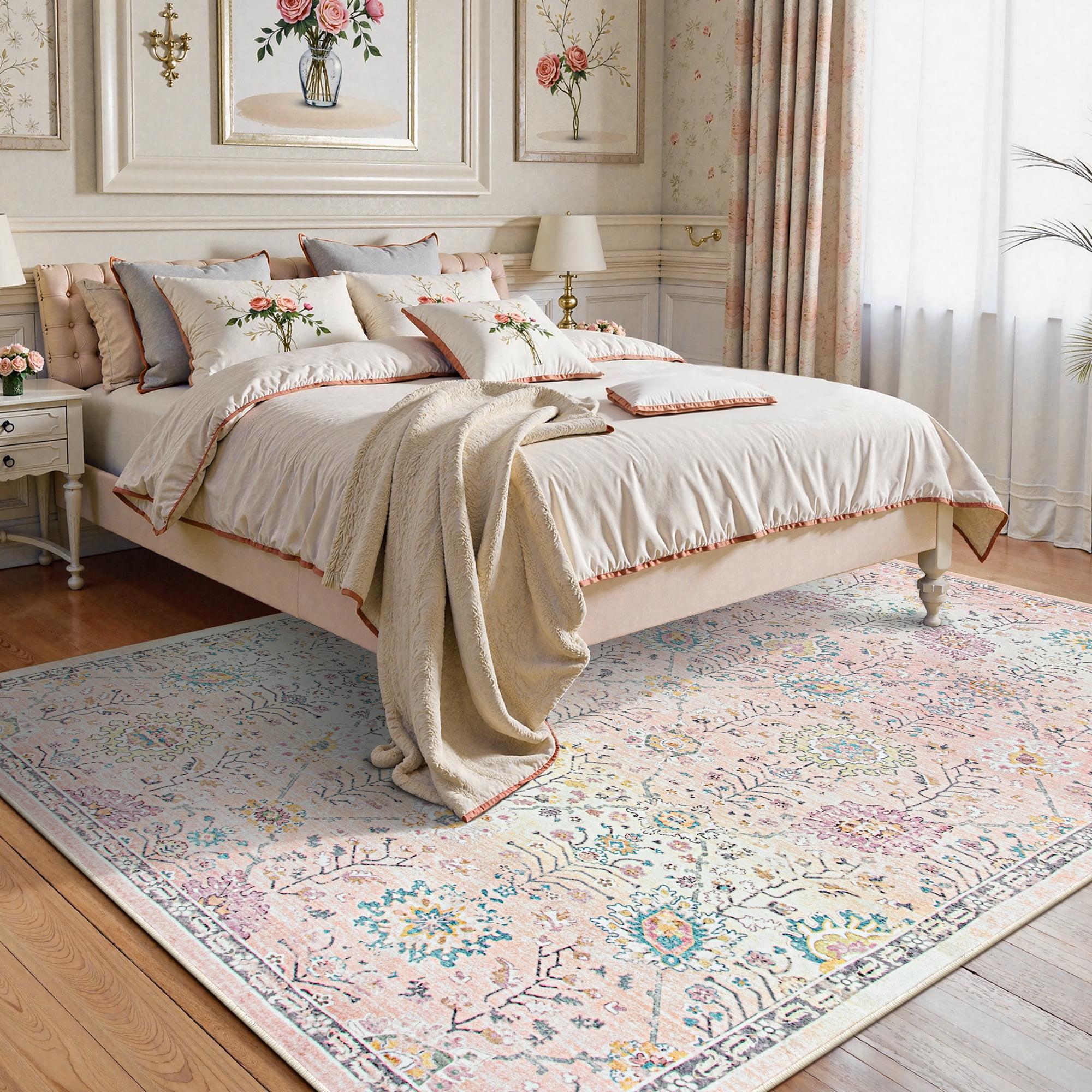 Wonnitar 5'x7' Pink Boho Area Rug,5x7ft Rugs for Bedroom Girls Nursery Area Rugs Soft Floral Playroom Rug, Machine Washable Pastel Rug Non Slip Floor Carpet for Large Living Room Bedroom Carpet