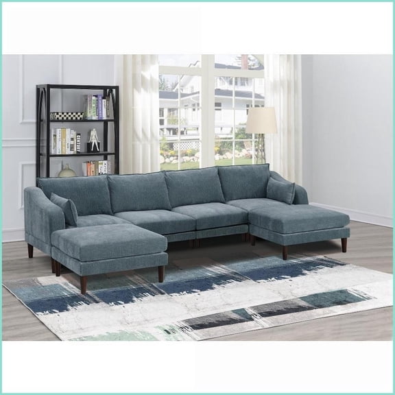 Modern 120” W U-Shaped 6-Piece Modular Sectional Sofa – Suede-Like Mineral Fabric for Living Room | Fabric | Cushion Back | Grayish