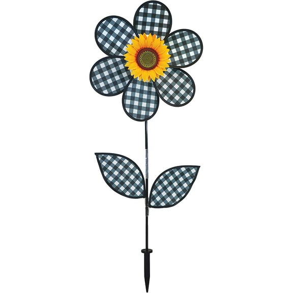 In the Breeze 2648 — 16-Inch Gingham Sunflower Spinner with Leaves, Checker Flower Spinner