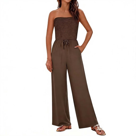 SBYOJLPB Full Length Pants Jumpsuit for Women's Solid Color Strapless Tube Top Jumpsuit Loose Wide Leg Long Pants for Casual Beach Vacation