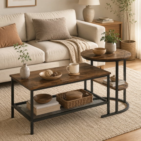LIVIZA Coffee Table Set of 2, Rectangle Coffee Table and Side End Table with Storage Shelves, Nesting Center Table,Rustic Brown