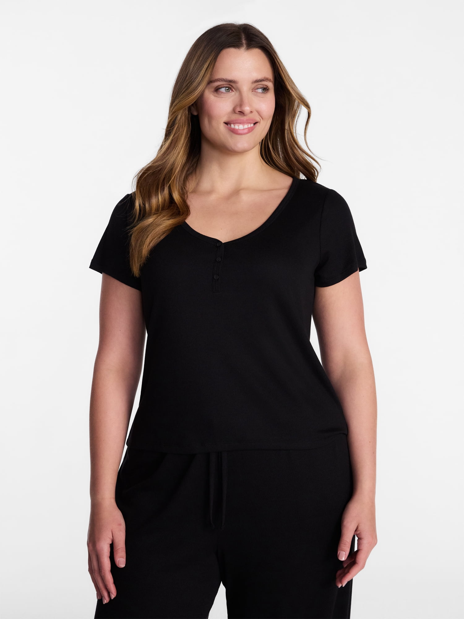 Joyspun Women’s Modal Blend Ribbed Henley Sleep Top, Sizes XS-3X