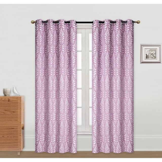 Set of two dark rose curtains with white embroidered fern patterns, each 96 inches long, hanging on a black curtain rod over a window.