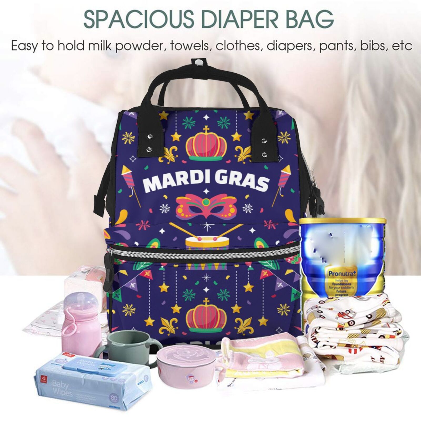 Fuzoiu Happy Mardi Gras Print Diaper Bag Backpack,Baby Essentials Travel Tote,Multi function Waterproof Diaper Bag, Travel Essentials Baby Bag - Unisex