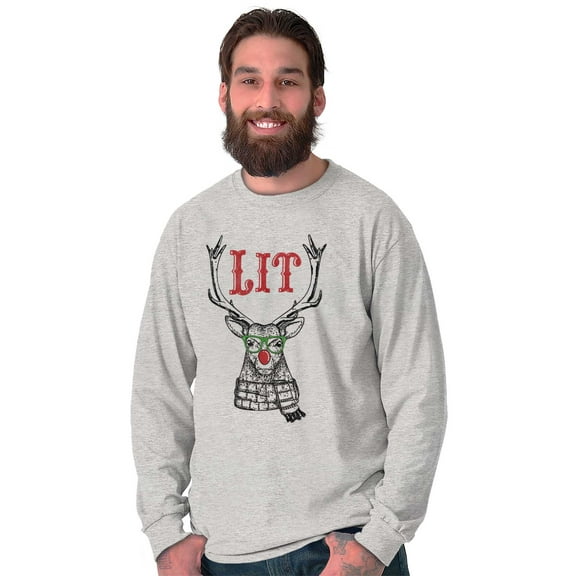 Funny Christmas Hipster Reindeer Lit Plus Size Long Sleeve Graphic Tee Shirt Brisco Brands 2X