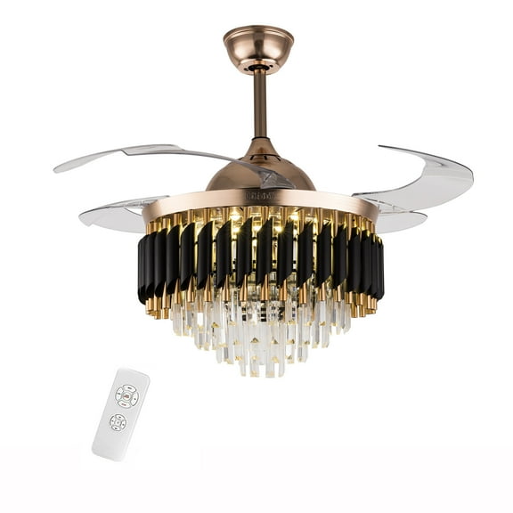 42" Crystal LED Ceiling Fan Light, Retractable Blades, 2-way RotationBlack, Chandelier with Remote Control for Indoor 85-265V