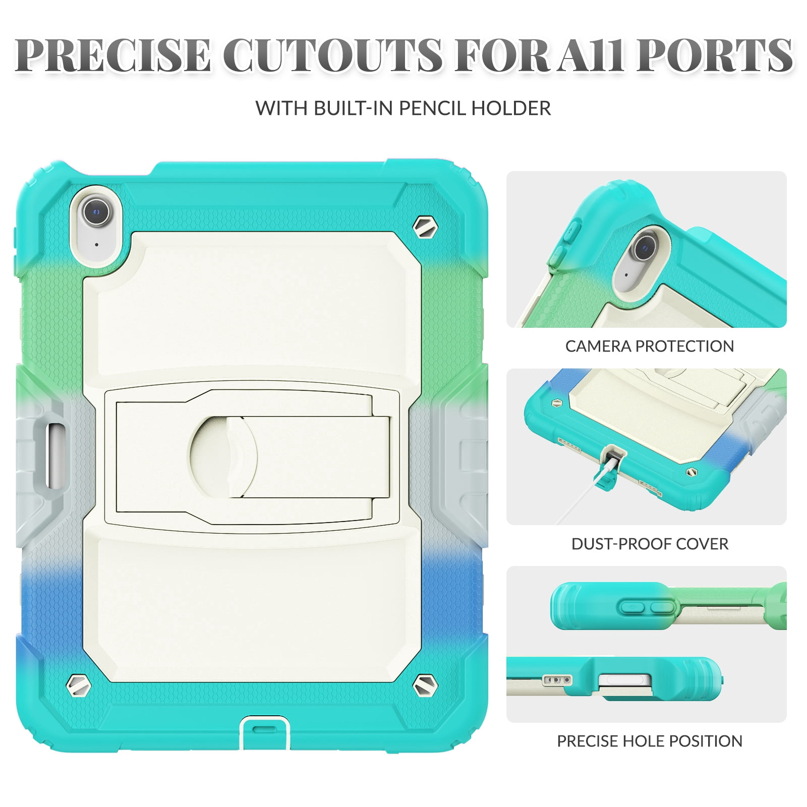 Dteck Built-in Screen Protector Case for iPad Air 11 inch 2025/2024 ,Heavy Duty Silicone Case Foldable Stand Cover Built-in Pencil Holder with Shoulder Strap for iPad Air 11-in. M3/M2,Colorful/Mint