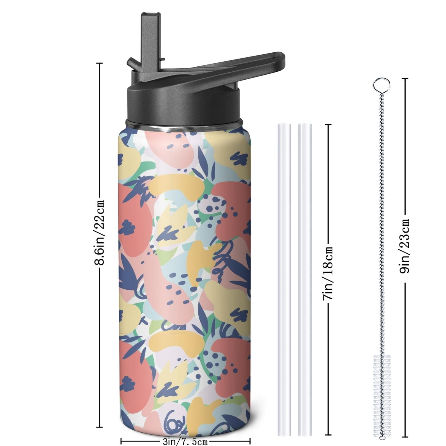 Modern 18 oz Insulated Stainless Steel Water Bottle with Straw & Cleaning Brush , Leakproof, BPA-Free, 304 Stainless Steel, Wide Mouth, Travel Mug for Car, Gym, Office