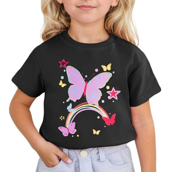 Suilloe Toddler Girls T Shirts Butterfly Printed Short Sleeved Round Neck Multicolor Tee Kids Girls Lovely Casual Home School Daily Wear T Shirts,3 -4 Years