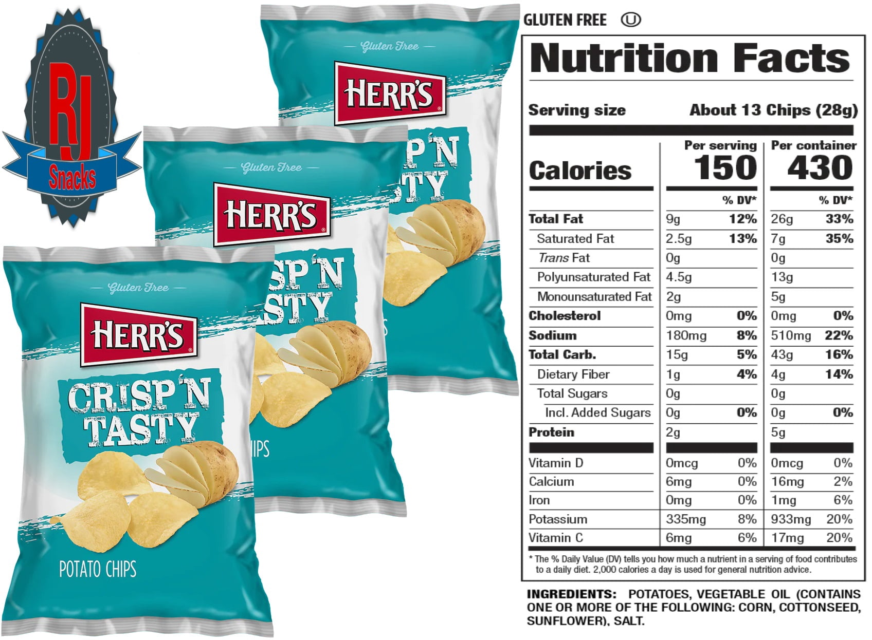 Herr`s Regular Potato Chips 1 oz Pack of 42 (Curated by RJ Snacks)
