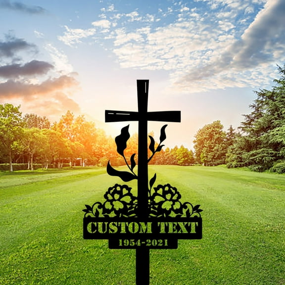 Custom Floral Cross Memorial Metal Stake, Cross Memorial Plaque with Stake, Sympathy Sign, Grave Marker, Remembrance Stake