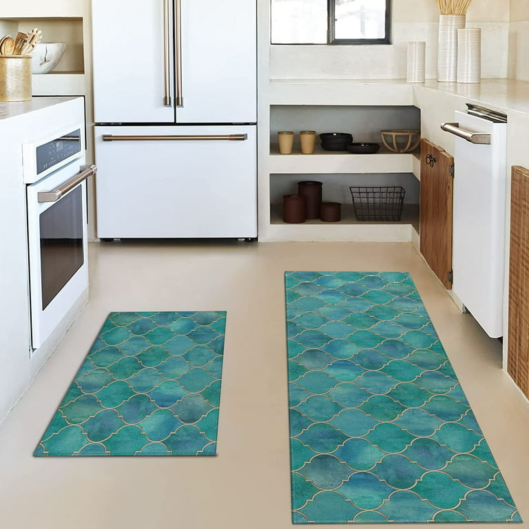 Teal Kitchen Rugs and Mats Non Skid Washable, Kitchen Mat Set of