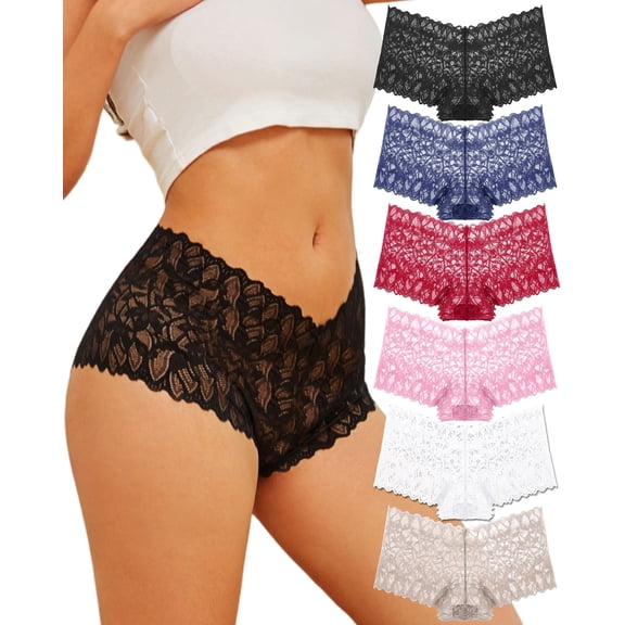CuteByte 6 Pack Lace Underwear for Women Cheeky V Waist Breathable Boyshorts Panties M