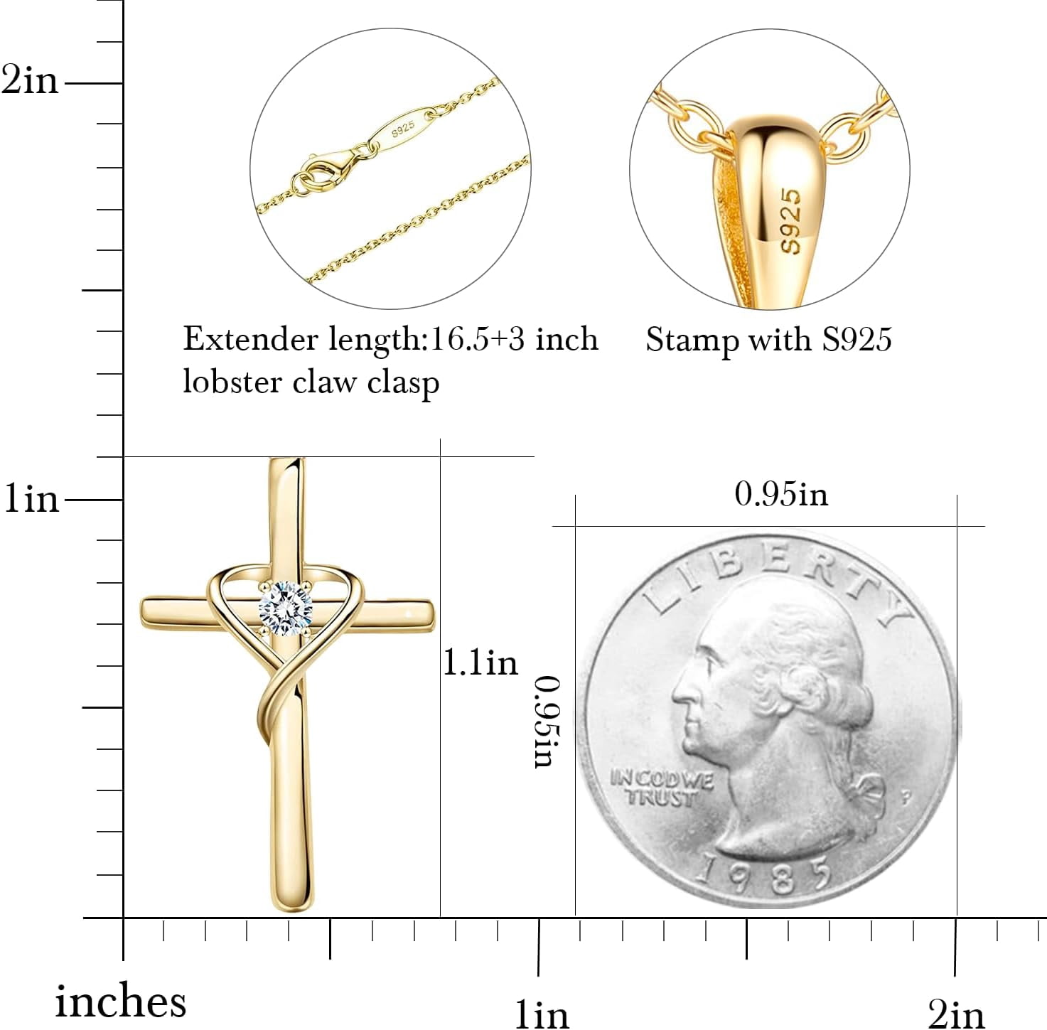 Leander 925 Sterling Silver Cross Necklace for Women Men 5A CZ Birthstone Necklaces 14K Gold Plated or Rose Gold Necklace for Easter or Mother's Day