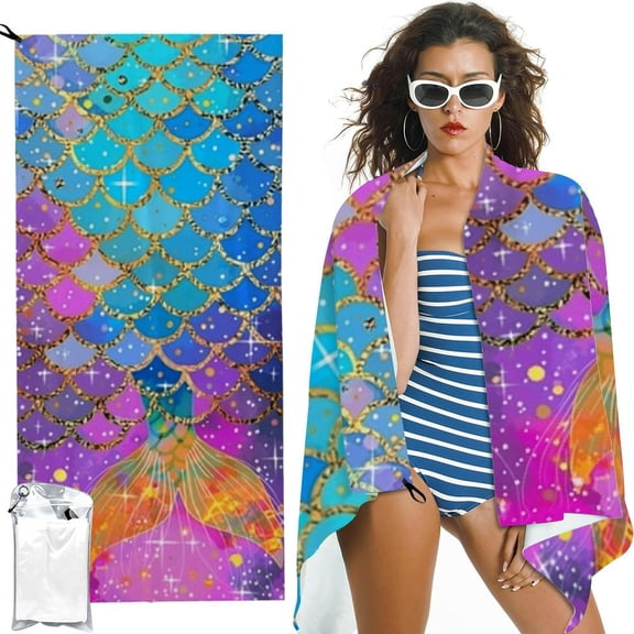 PRATYUS Colorful Mermaid Beach Towel Microfiber Sand Free Towels for Girls Quick Dry Ultra Absorbent Soft Pool Travel Swim Bath Shower Towel 27.5x55in