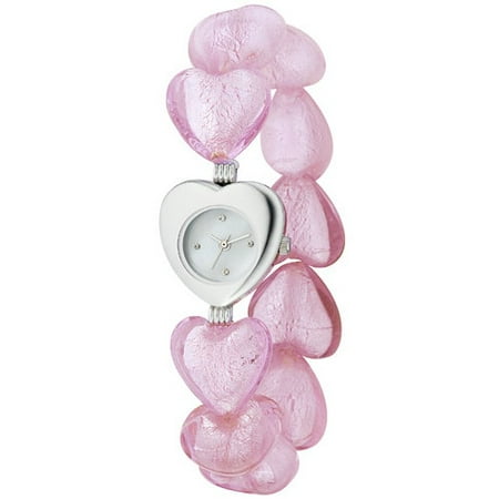 Women's Pink Glass Heart-Shaped Bracelet Watch