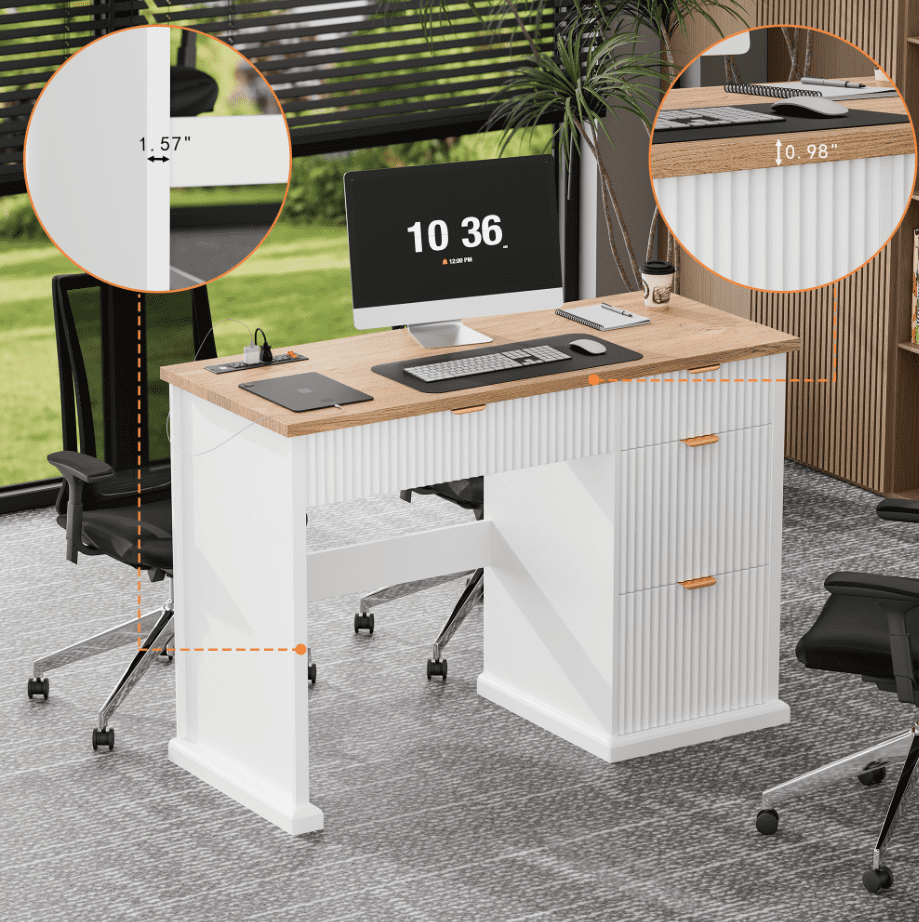 47" Farmhouse Executive Desk, Home Office Desk with Drawers and Charging Station, Wood Home Office Desk, Fluted Computer Writing Desk for Study, Living Room, Bedroom