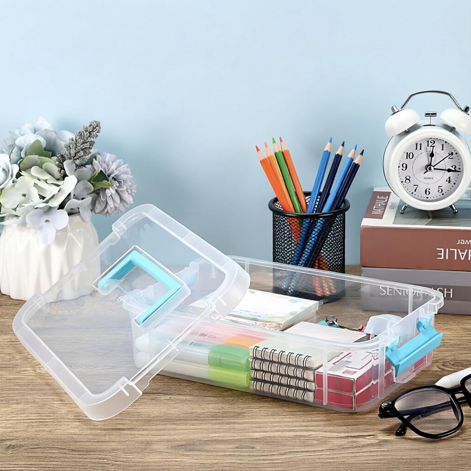 Clear Plastic Storage Box, Portable Organizer Container with Blue Handle, Stackable Storage Bin for Office Home, Multi-Use Container Box with Lid for Stationery Jewelry Craft Sewing Supplies