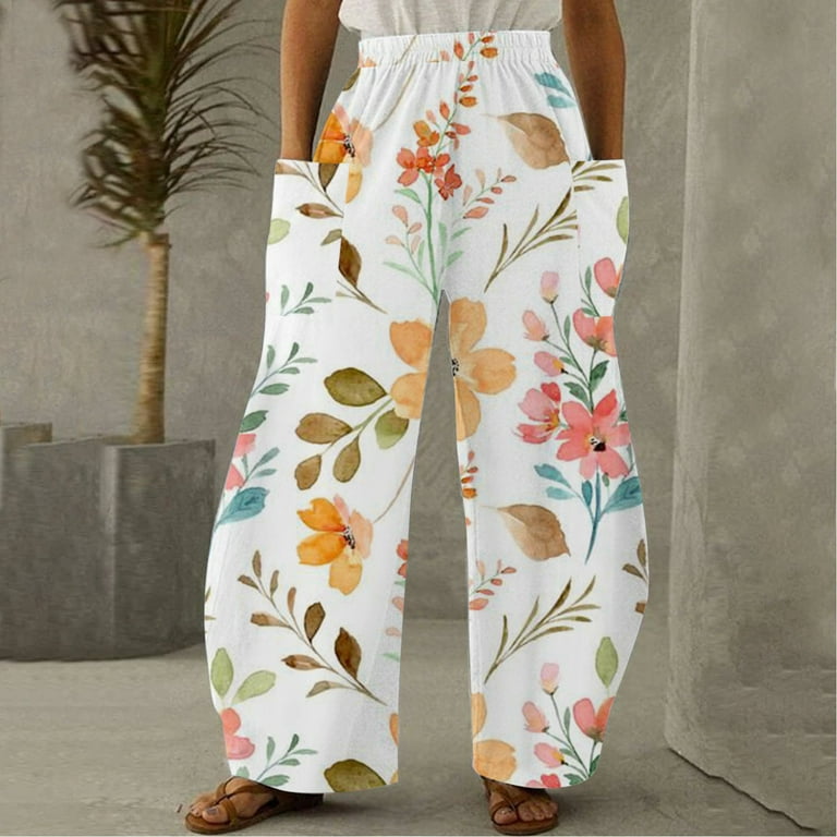 YWDJ Linen Pants for Women Beach Drawstring With Pockets Vintage Floral  Plus Size Relaxed Fit Baggy Wide Leg Lightweight Elastic Waist Printed Long