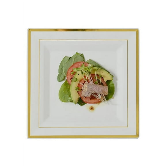 Gold Splendor 10" Square Bone/Ivory w/ Gold Band Plastic Dinner Plates *Case of 120*