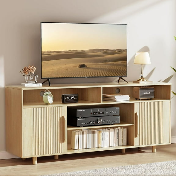 TV Stand for 65 Inch TV, Fluted Modern Entertainment Center with Storage, Media Console TV Cabinet with Soft Close Doors, Wood TV Stands for Living Room, Bedroom, Natural Oak