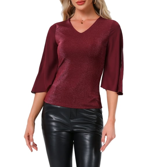 INSPIRE CHIC V Neck Blouse for Women's Ruffle 3/4 Sleeve Dressy Top Flowy Party Club Tops XS Red