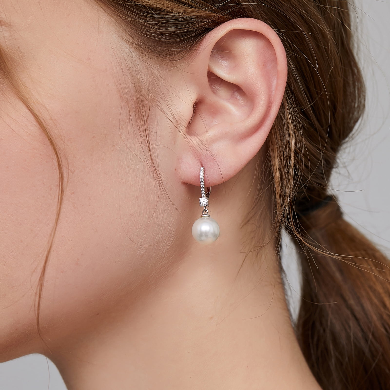 Jiamiaoi Pearl Dangle Earrings 8mm-10mm, 925 Sterling Silver Pearl Drop Earrings with Cubic Zirconia, Hypoallergenic Pearl Earring Leverback Pearl Earrings Drop Ideal Gift for Women