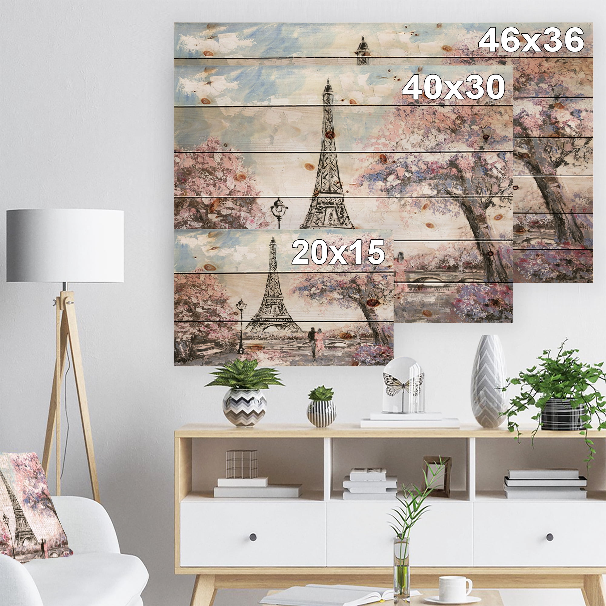 Designart 'Pink Flowers With Eiffel Tower' Landscape Print on Natural Pine Wood
