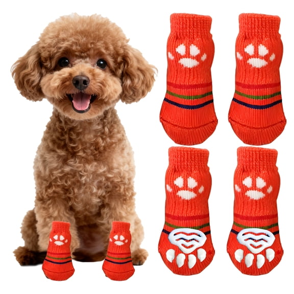 TELOLY 4Pcs Dog Socks, Soft Polyester Paw Socks to Prevent Licking, Cute Paw Print Footwear for Small Medium Pets, Indoor Recovery and Walking Protection, Orange