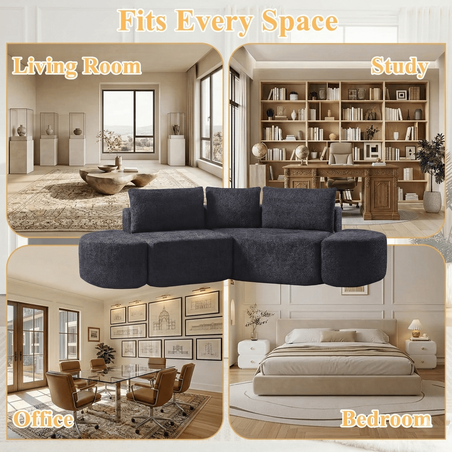 Xiweot 106" Cloud Sectional Couch for Living Room, Boneless Couch with Deep Seat, Chenille Modular Sectional Sofa with Curved Ottomans, No Assembly (Black)