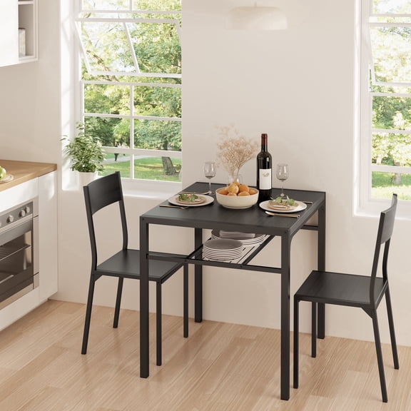 Dining Table Set of 2, Asofer 3Pcs Kitchen Table and Chairs Set,Table with Storage & 2 Chairs for Small Space, Kitchen, Apartment, Room,Black