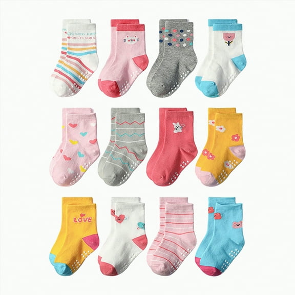 mgoYE Socks for Toddler Boys Baby & Toddler Socks With Grippers Non Slip Crew Grip Socks for Girls and Boys Soft Comfy Cotton - 12 Pack(H,3-5 Years)