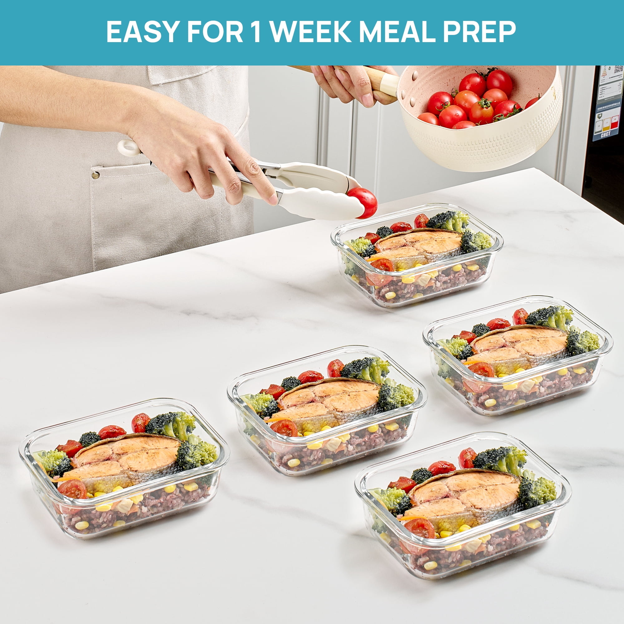 Sindcom 5Pack 22oz Glass Storage Containers with Lids, Glass Meal Prep Food Container Sets with Snap Airtight Lids for Microwave, Oven, Freezer and Dishwasher