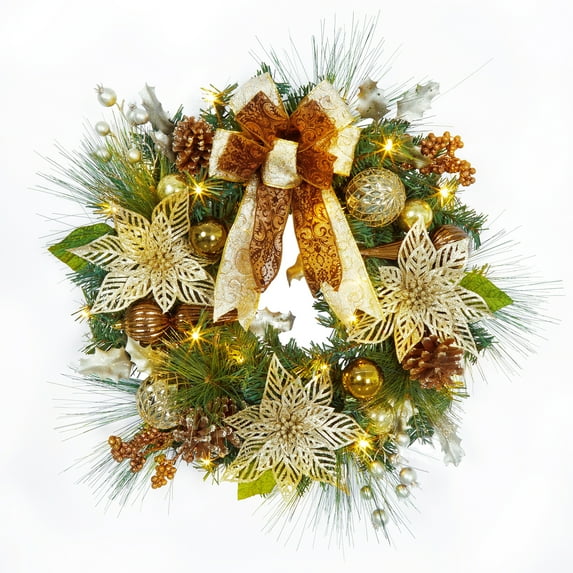 XY Fancy Christmas Wreath for Front Door, 24 inch Prelit Christmas Wreath with 20 Lights, Brown Flowers, Bow, Ball Ornaments, Battery Operated