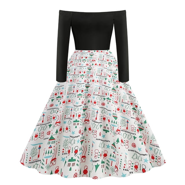 Robes de Fête de Noël pour Femmes Robe Imprimée de Noël Épaules Dénudées Manches Longues Style Rétro Petite Robe (Taille: S)