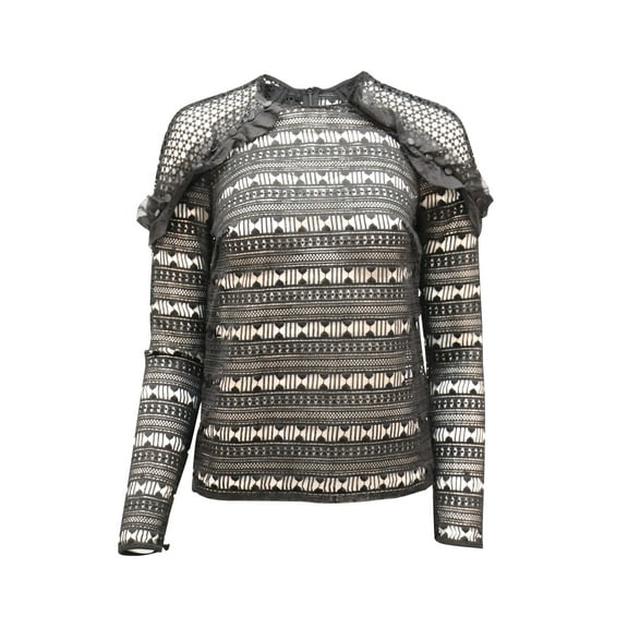 Pre-Owned Self-Portrait Ruffled Lace Long-sleeve Top in Black Polyester