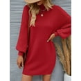 thumbnail image 4 of YOGAFOX Women's Fall Oversized Turtleneck Lantern Sleeve Casual Knit Mini Dress Red L, 4 of 5