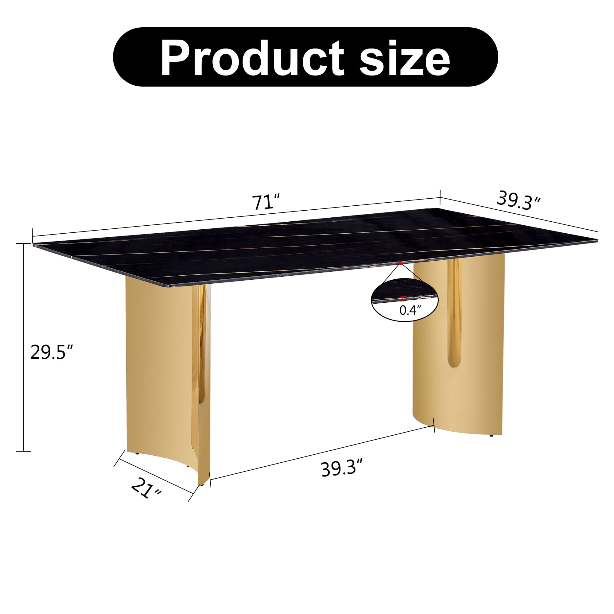 TesNus 71" Modern Dining Table for 6-8, Black Marble-Style Glass Tabletop with Gold Chrome-Plated Stainless Steel Base for Kitchen and Dining Room