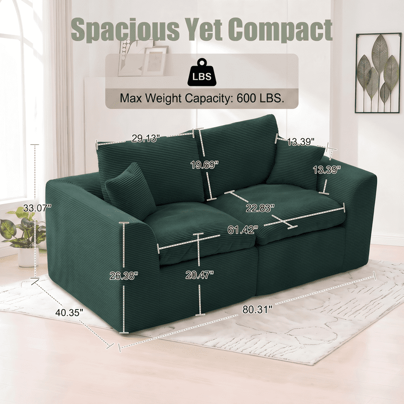 Gewnee Loveseat Sofa, Modular Cloud Couch, Corduroy 2 Seater Sofa with Removable Covers, No Assembly Required,Green
