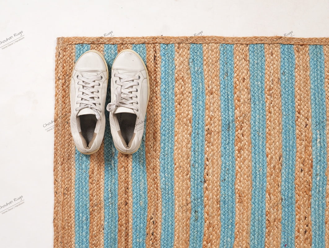 Natural Jute Area Rug Hand Braided Rug Cyan Scalloped Rectangle Rug