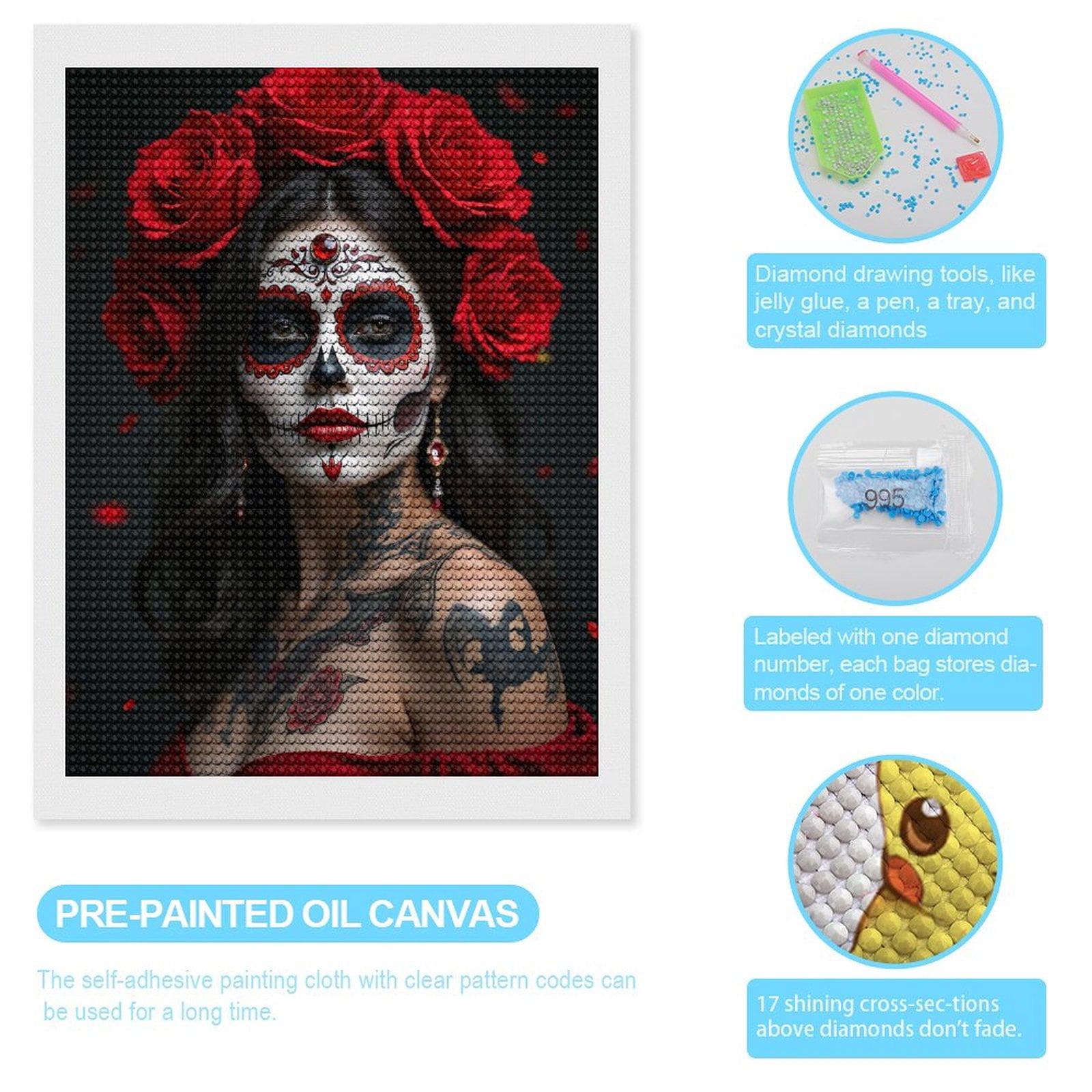 Diamond Art Kits for Adults, Red Roses Face Paint Tattoo Art 5D Diamond Painting Kits for Adults Beginners, DIY Full Drill Diamond Painting, Gem Art and Crafts 12x16