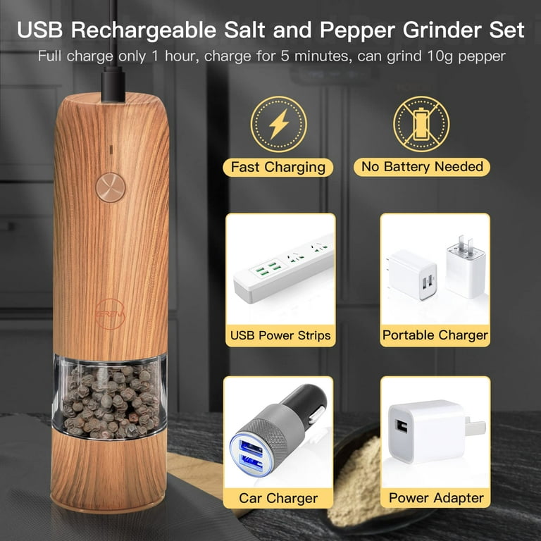 Electric Salt and Pepper Grinder Set USB Rechargeable - USB Type-C Cable,  LED Lights, Automatic Electric Pepper Salt Grinder Mill Refillable,  Adjustable Coarseness Shakers, One Hand Operation 