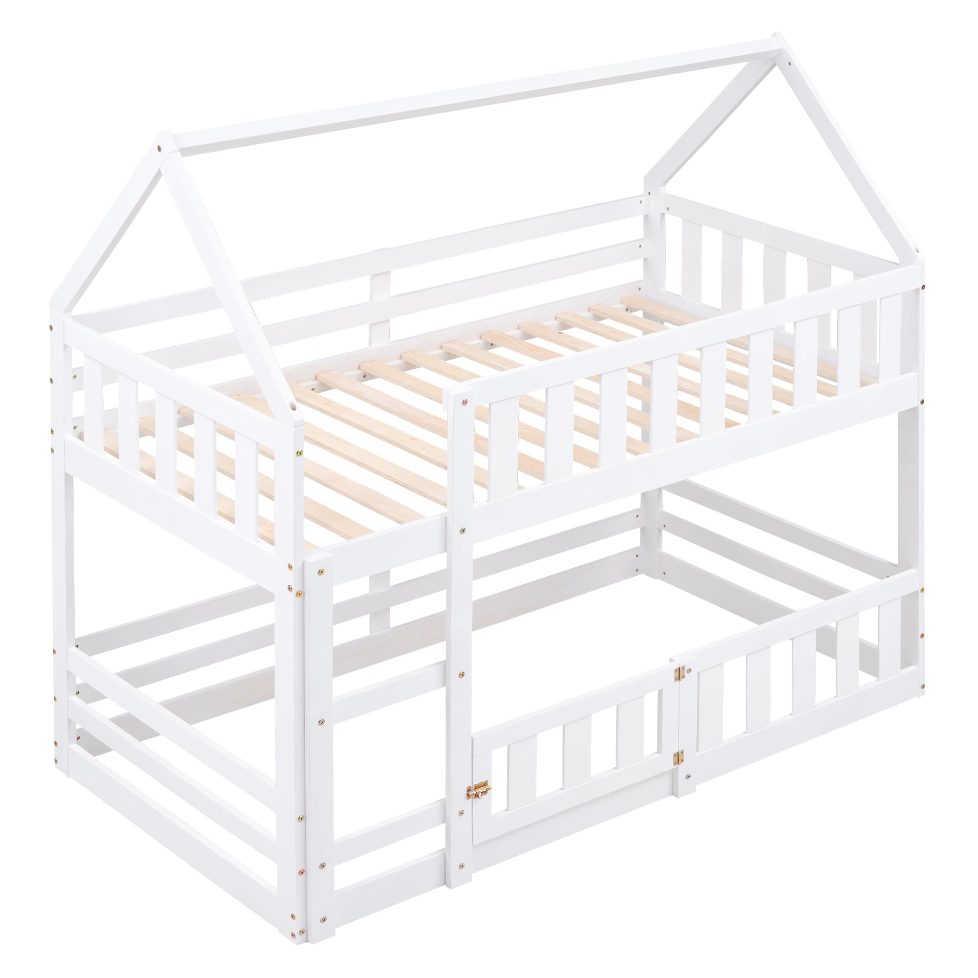 Aukfa Twin-over-Twin Bunk Bed with Fence and Door, Solid Wood House Bunk Bed for Kids Toddy - White