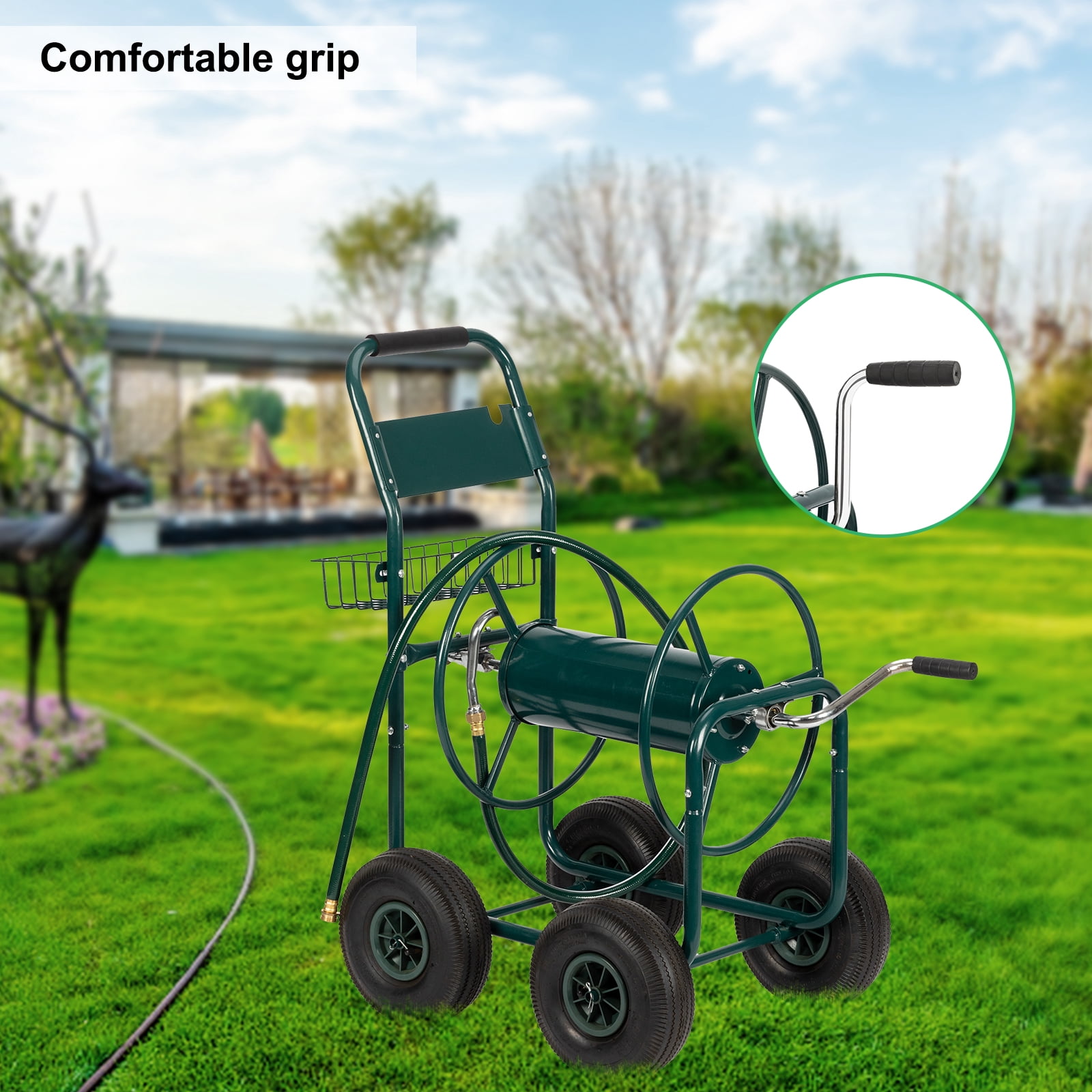 Dark Green Iron Four-Wheel Pipe Truck - Heavy Duty Hose Reel for Professional and Home Use